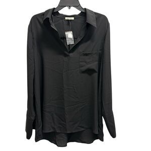 Pleione Women Black Chiffon V-Neck Collared Long Sleeve Tunic Top Size Large NWT